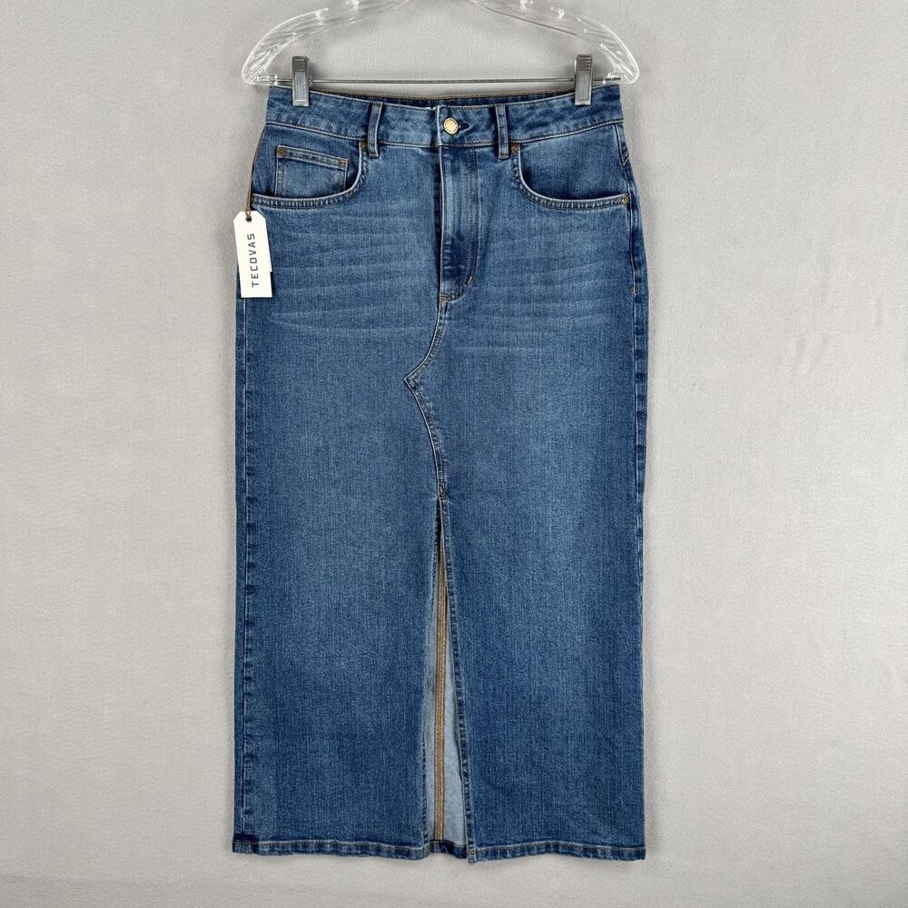 Tecovas Skirt Womens 27 Blue Denim Straight Midi Front Slit Stretch Pockets